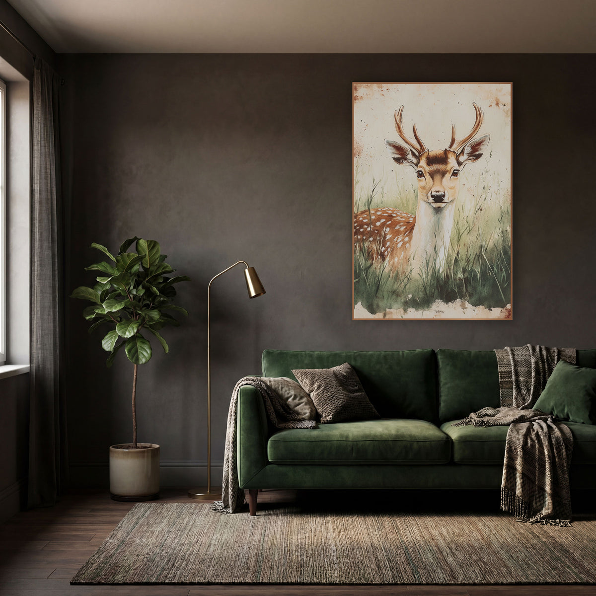 Frontal Fallow Buck Classic wall art in a moody dark academia room – spotted deer with antlers resting in tall green