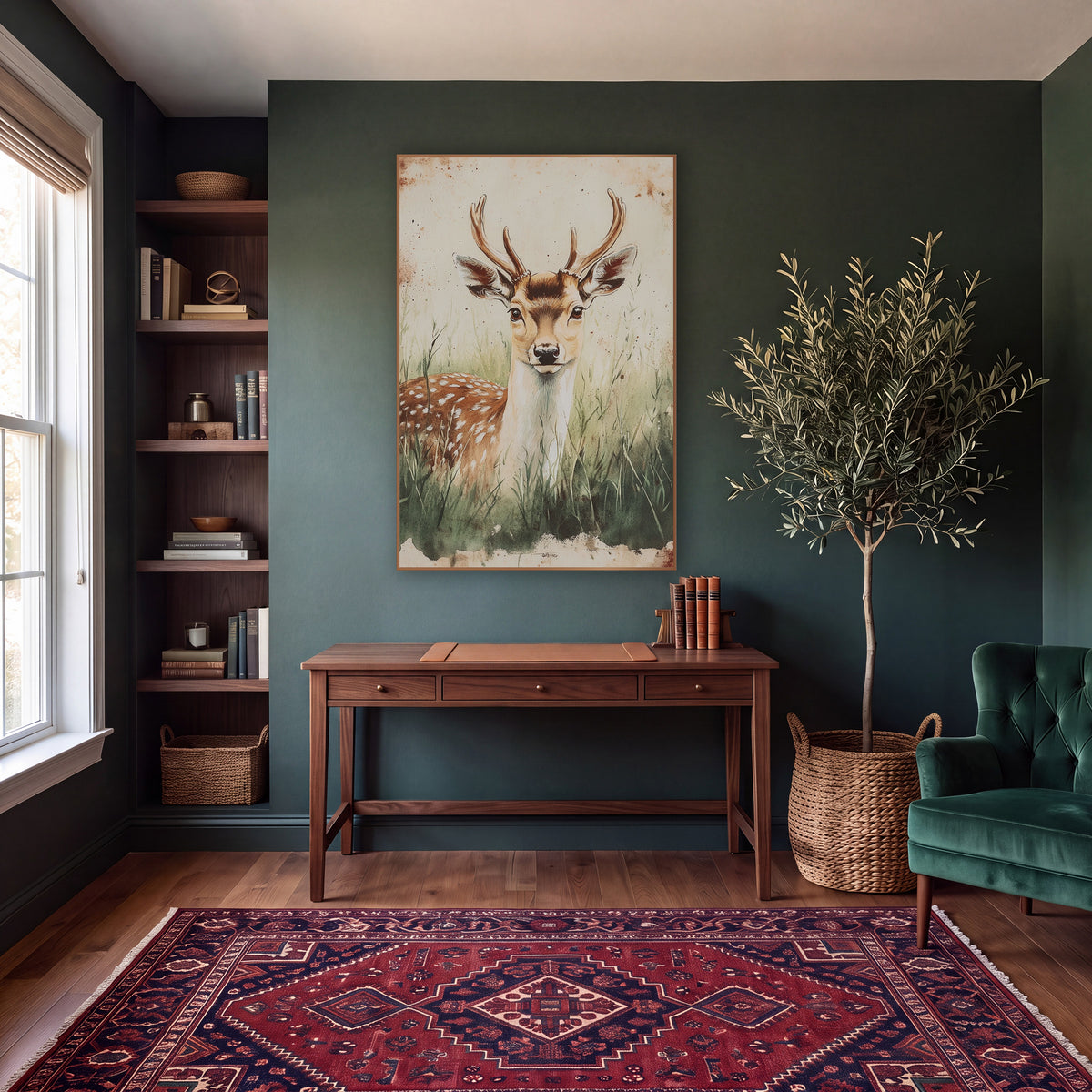 Frontal Fallow Buck Classic wall art in a moody dark academia room – spotted deer with antlers resting in tall green