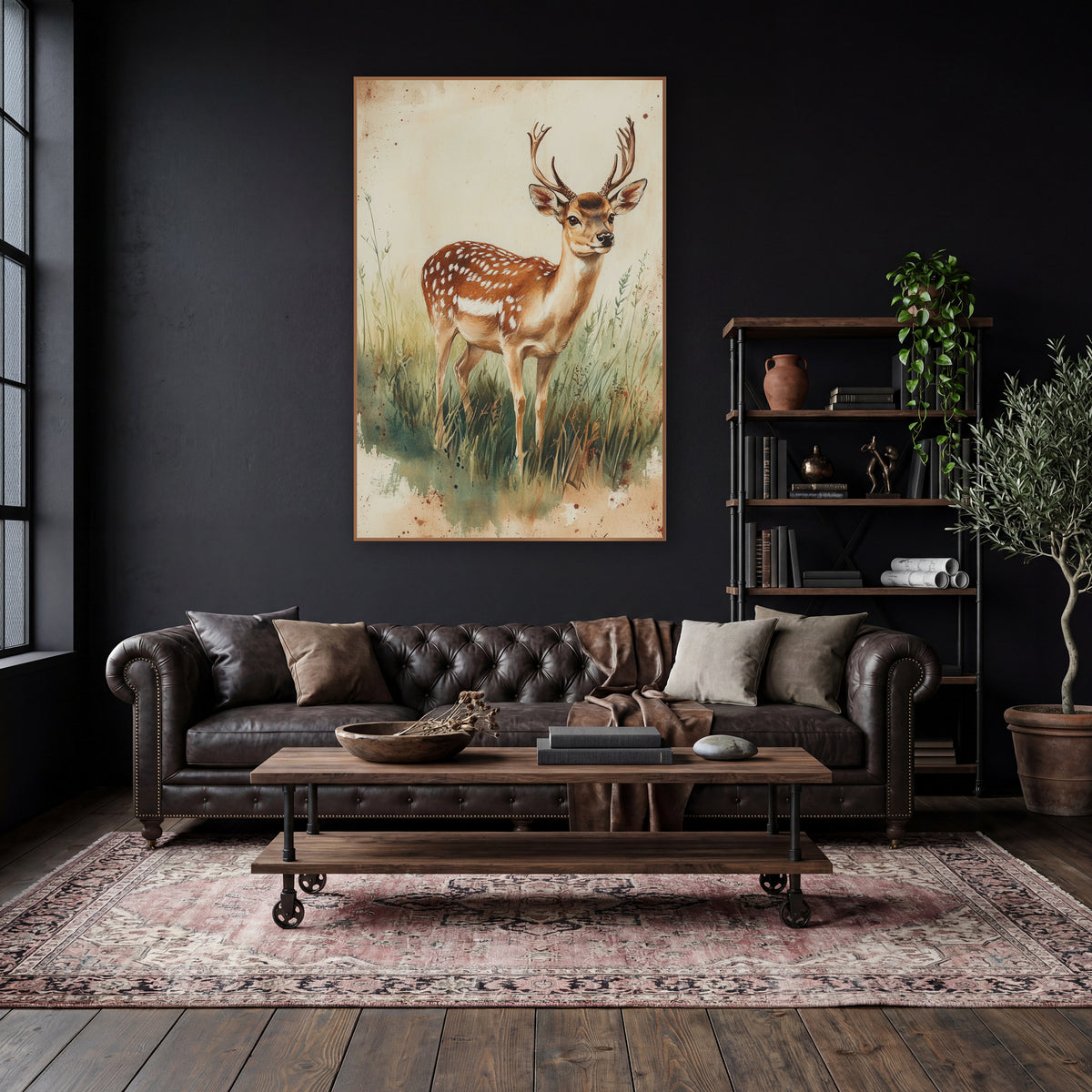 Standing Fallow Buck Rustic wall art in a moody dark academia room – spotted deer with antlers standing in tall green