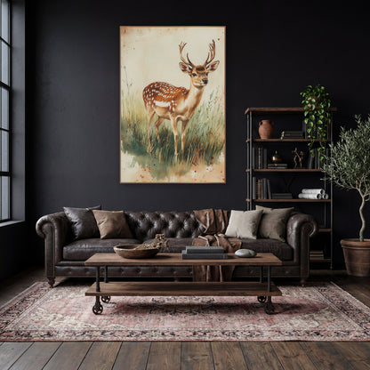 Standing Fallow Buck Rustic wall art in a moody dark academia room – spotted deer with antlers standing in tall green