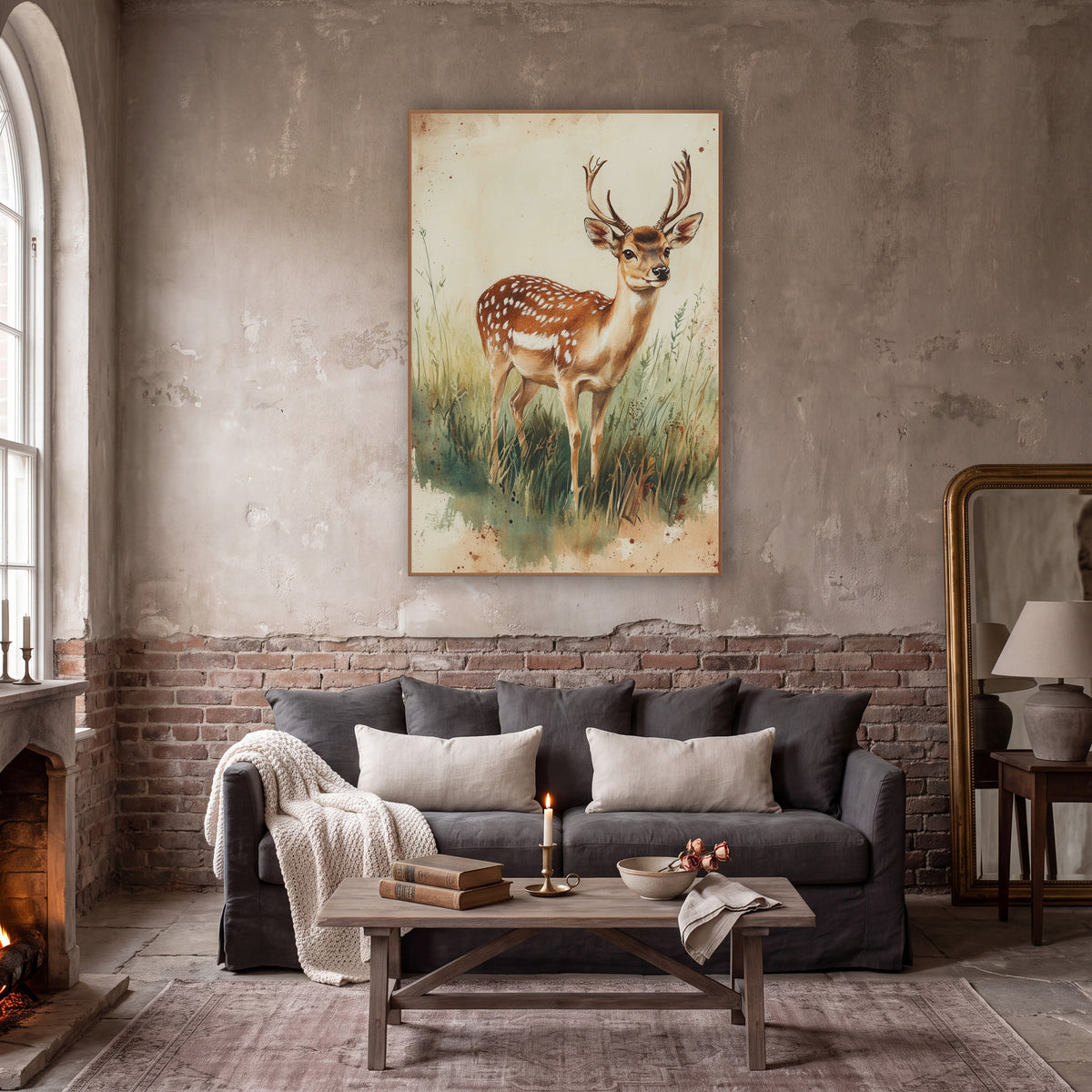 Standing Fallow Buck Rustic wall art in a moody dark academia room – spotted deer with antlers standing in tall green