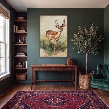 Standing Fallow Buck Rustic wall art in a moody dark academia room – spotted deer with antlers standing in tall green