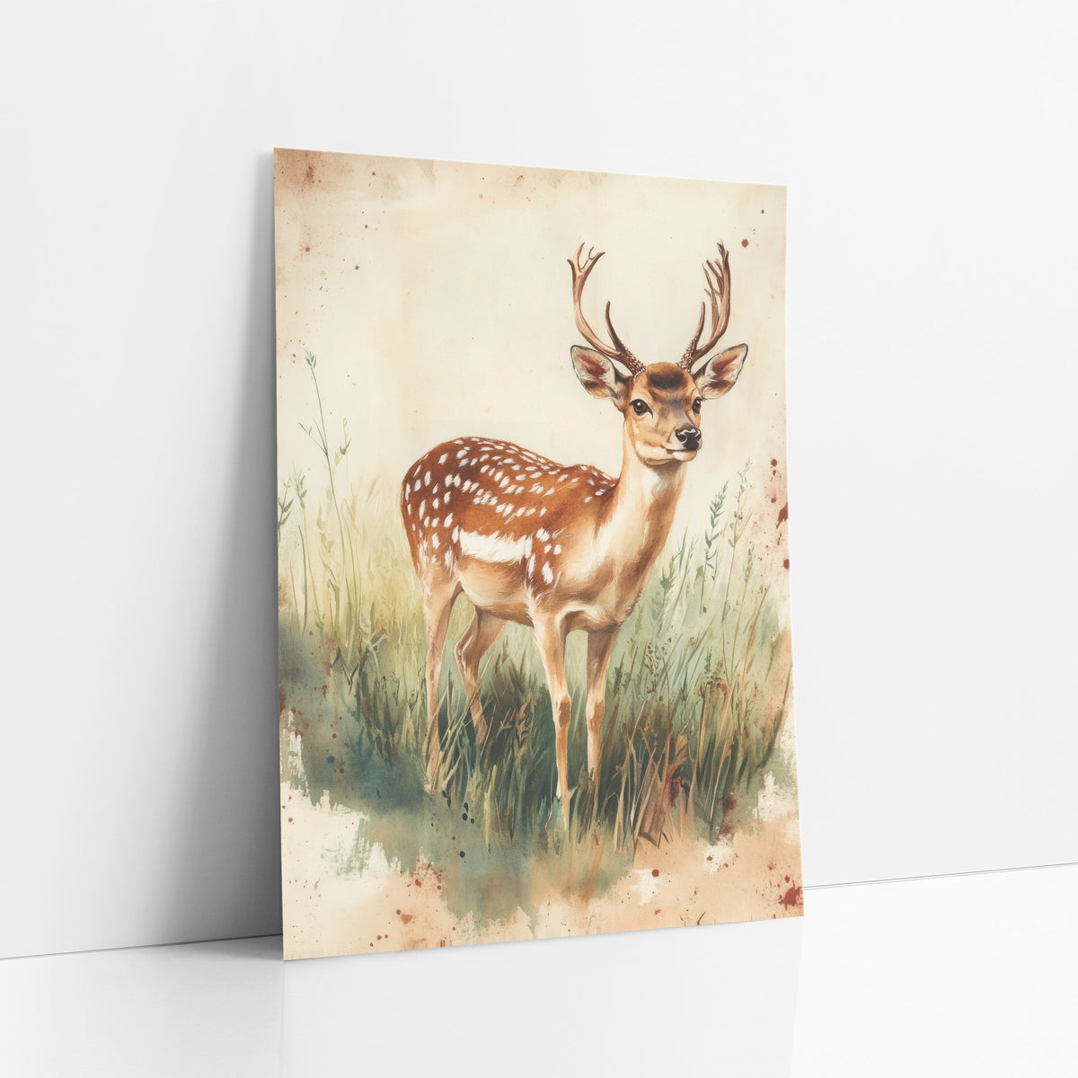 Standing Fallow Buck Rustic art print leaning against a white wall – spotted deer with antlers standing in tall green grass