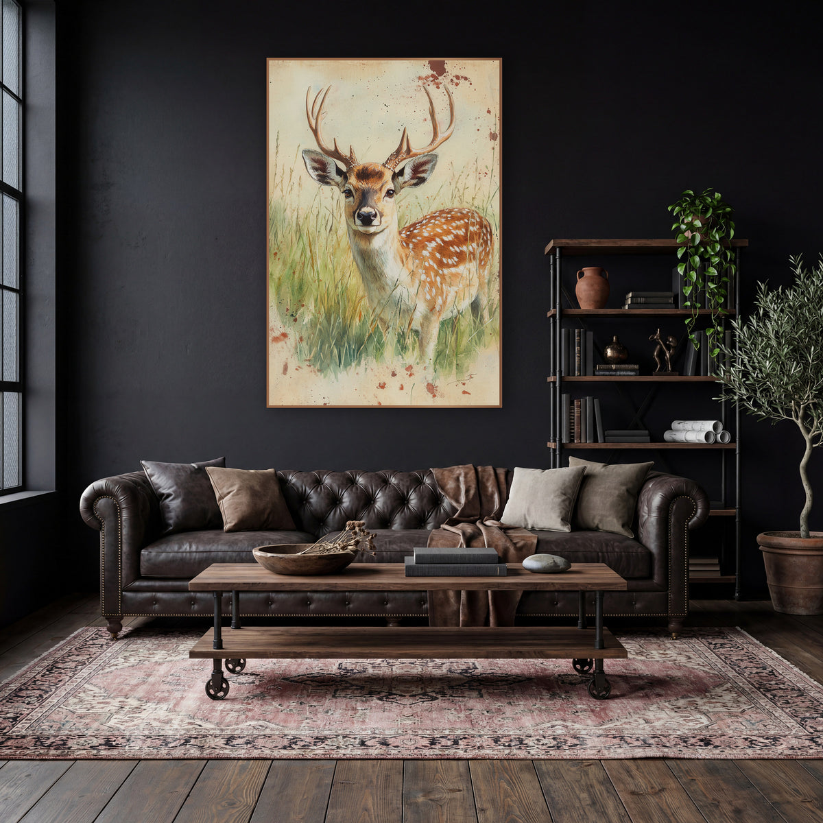 Turned Head Fallow Buck Farmhouse wall art in a moody dark academia room – spotted deer with antlers standing in tall