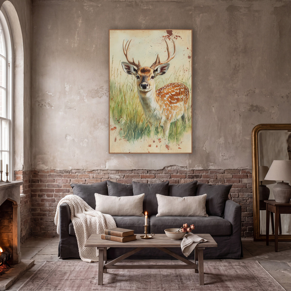 Turned Head Fallow Buck Farmhouse wall art in a moody dark academia room – spotted deer with antlers standing in tall