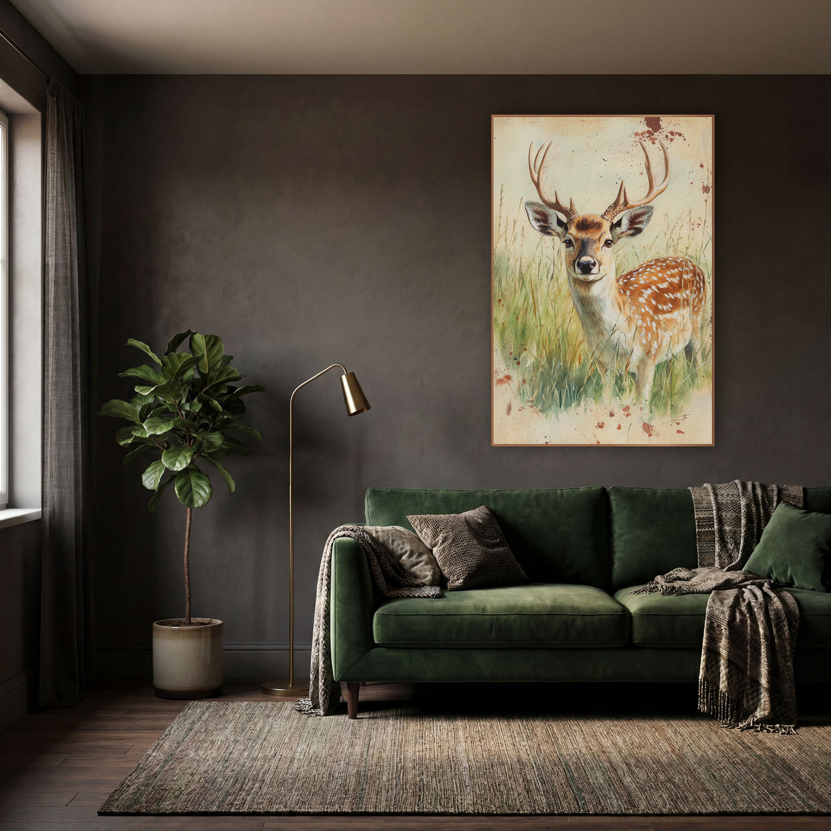 Turned Head Fallow Buck Farmhouse wall art in a moody dark academia room – spotted deer with antlers standing in tall
