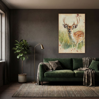 Turned Head Fallow Buck Farmhouse wall art in a moody dark academia room – spotted deer with antlers standing in tall