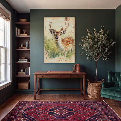 Turned Head Fallow Buck Farmhouse wall art in a moody dark academia room – spotted deer with antlers standing in tall