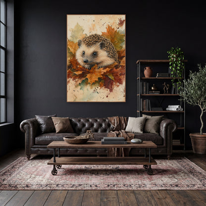 Hedgehog in Autumn Leaves Naturalist wall art in a moody dark academia room – hedgehog with cream face and spiny back