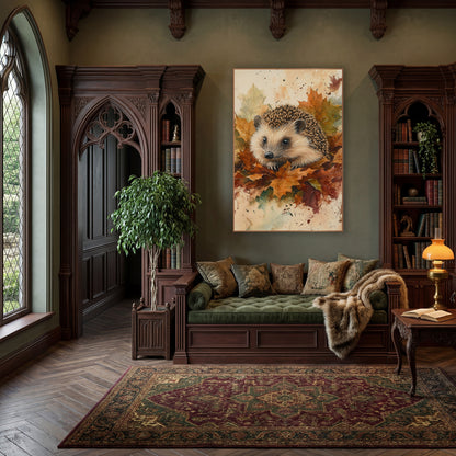 Hedgehog in Autumn Leaves Naturalist wall art in a moody dark academia room – hedgehog with cream face and spiny back