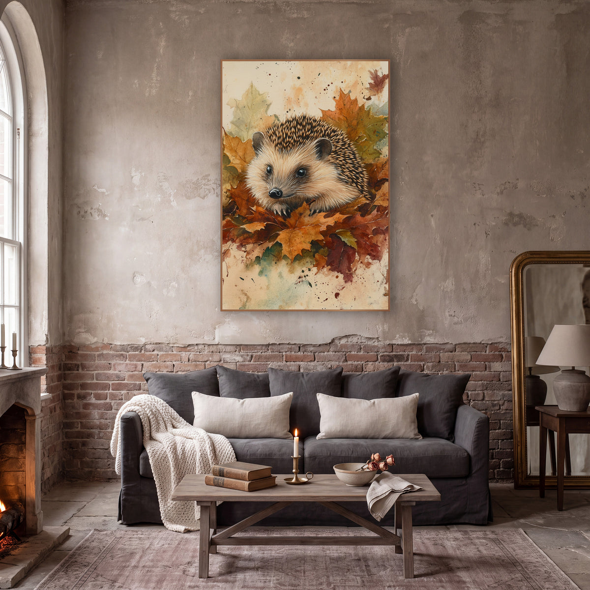 Hedgehog in Autumn Leaves Naturalist wall art in a moody dark academia room – hedgehog with cream face and spiny back