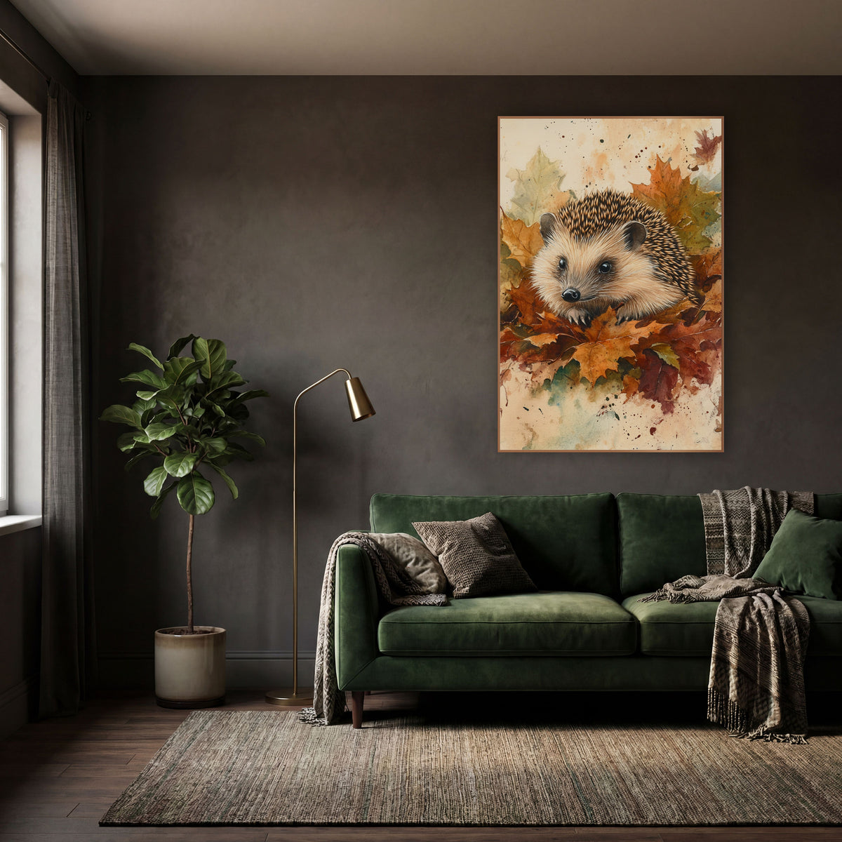 Hedgehog in Autumn Leaves Naturalist wall art in a moody dark academia room – hedgehog with cream face and spiny back