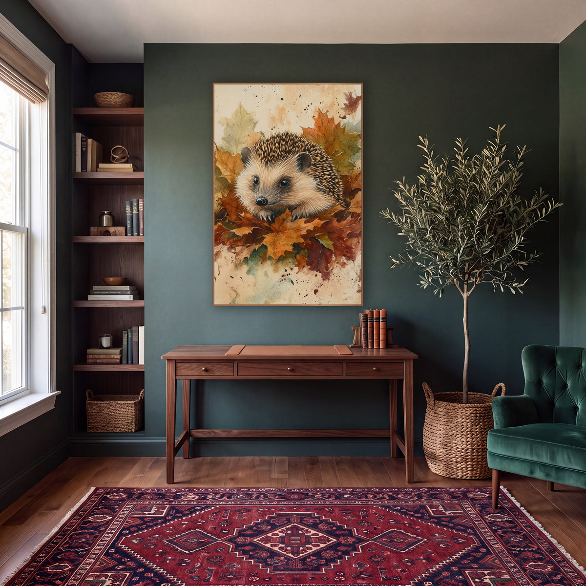 Hedgehog in Autumn Leaves Naturalist wall art in a moody dark academia room – hedgehog with cream face and spiny back