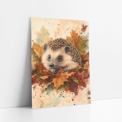 Hedgehog in Autumn Leaves Naturalist art print leaning against a white wall – hedgehog with cream face and spiny back resting