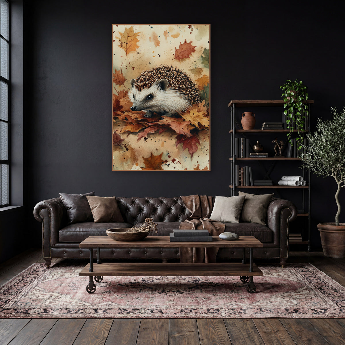 Hedgehog Amid Splattered Maple Leaves Watercolor wall art in a moody dark academia room – hedgehog with striped brown