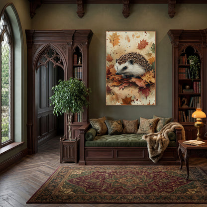 Hedgehog Amid Splattered Maple Leaves Watercolor wall art in a moody dark academia room – hedgehog with striped brown