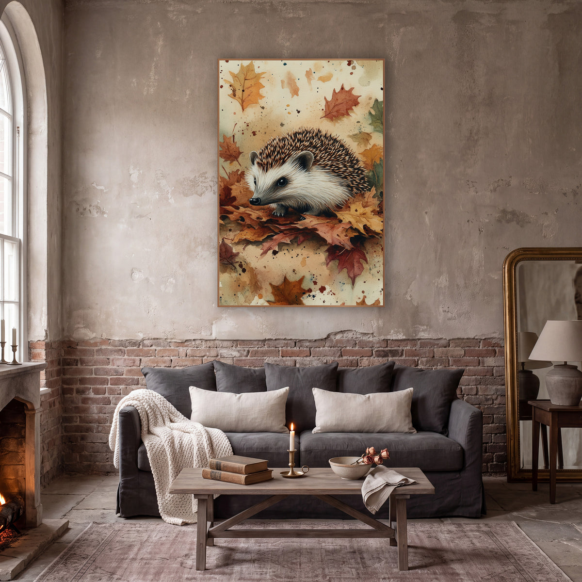Hedgehog Amid Splattered Maple Leaves Watercolor wall art in a moody dark academia room – hedgehog with striped brown