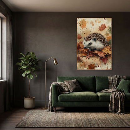 Hedgehog Amid Splattered Maple Leaves Watercolor wall art in a moody dark academia room – hedgehog with striped brown