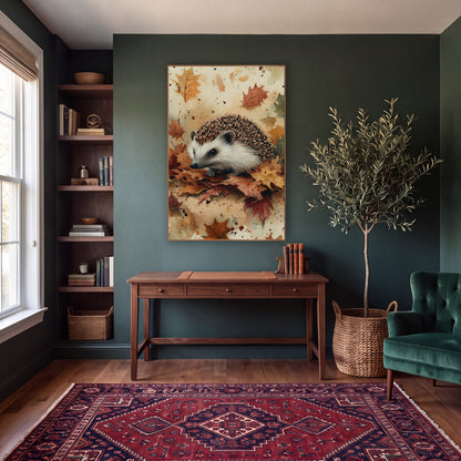 Hedgehog Amid Splattered Maple Leaves Watercolor wall art in a moody dark academia room – hedgehog with striped brown