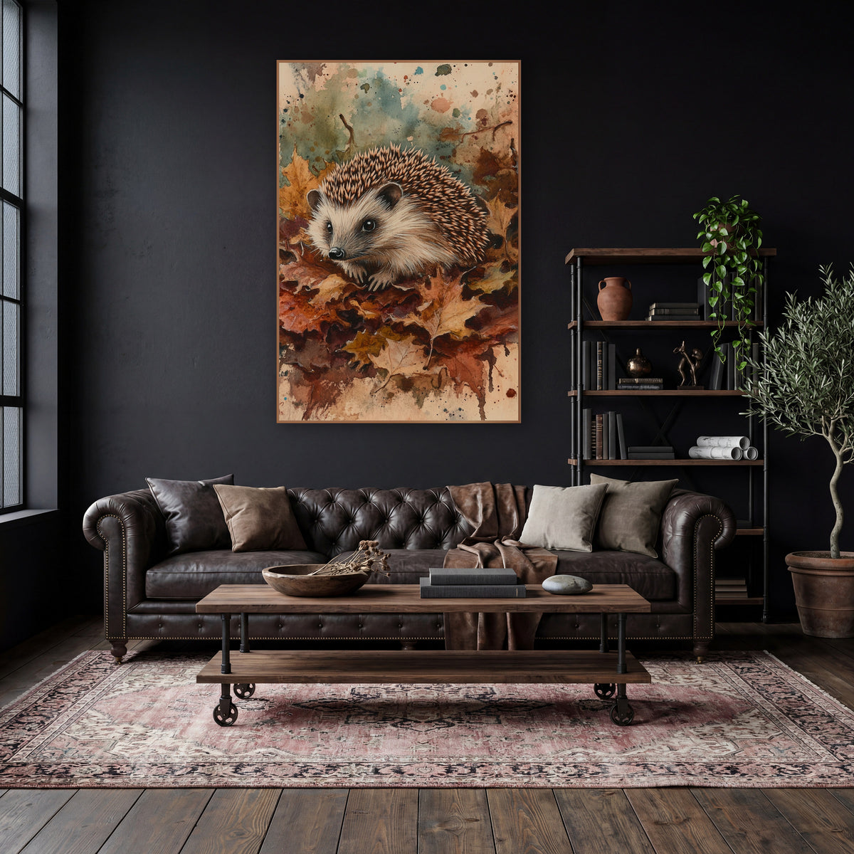 Hedgehog Nestled In Burgundy Leaves wall art in a moody dark academia room – hedgehog sitting on fallen autumn maple