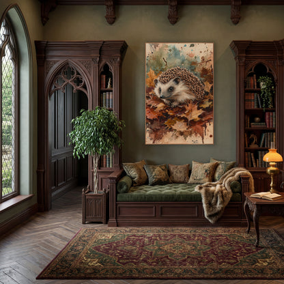 Hedgehog Nestled In Burgundy Leaves wall art in a moody dark academia room – hedgehog sitting on fallen autumn maple
