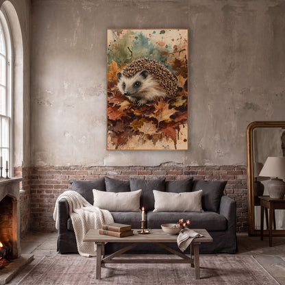 Hedgehog Nestled In Burgundy Leaves wall art in a moody dark academia room – hedgehog sitting on fallen autumn maple