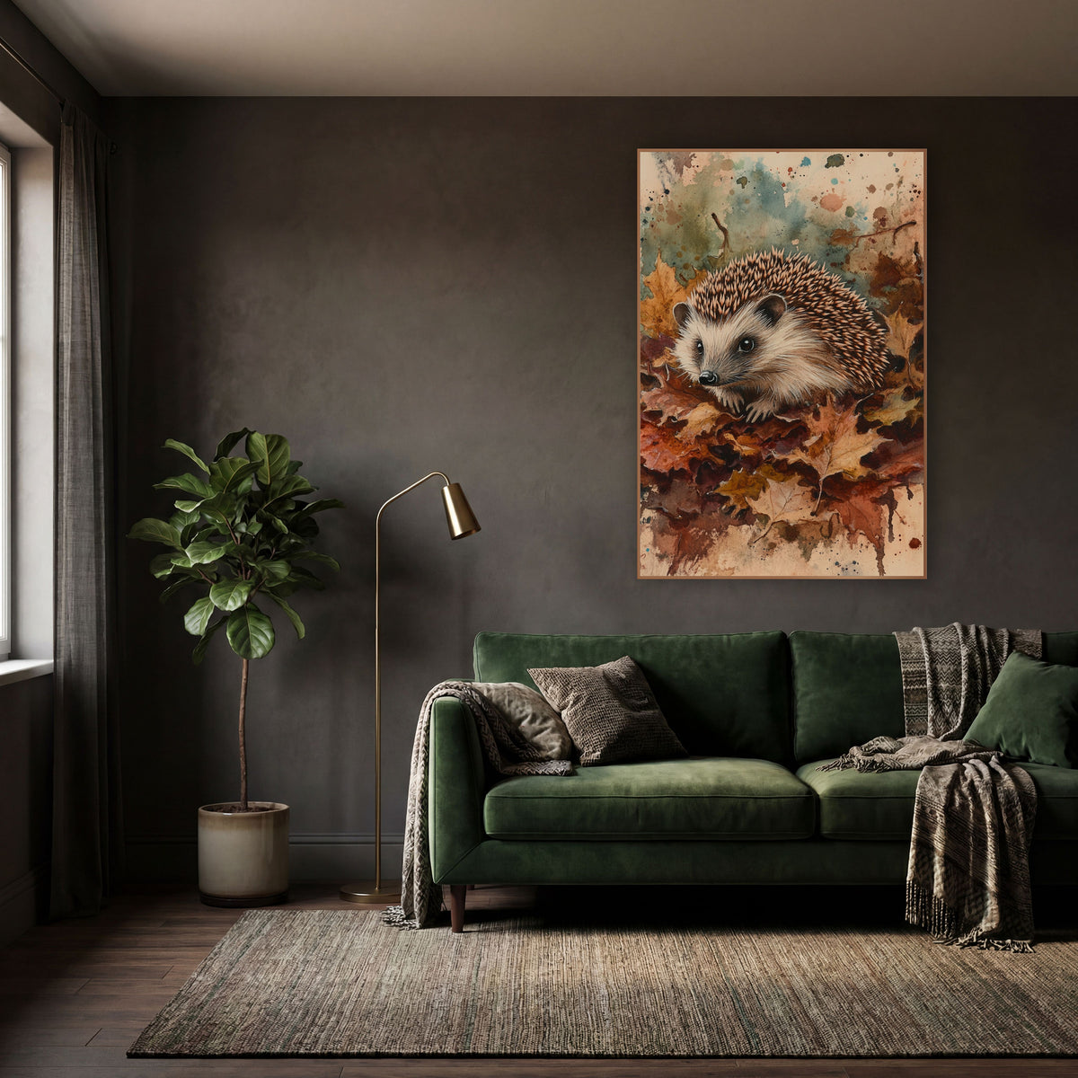 Hedgehog Nestled In Burgundy Leaves wall art in a moody dark academia room – hedgehog sitting on fallen autumn maple