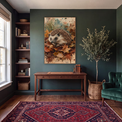 Hedgehog Nestled In Burgundy Leaves wall art in a moody dark academia room – hedgehog sitting on fallen autumn maple
