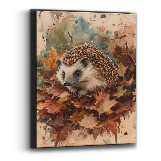 Hedgehog Nestled In Burgundy Leaves Canvas Wall Art