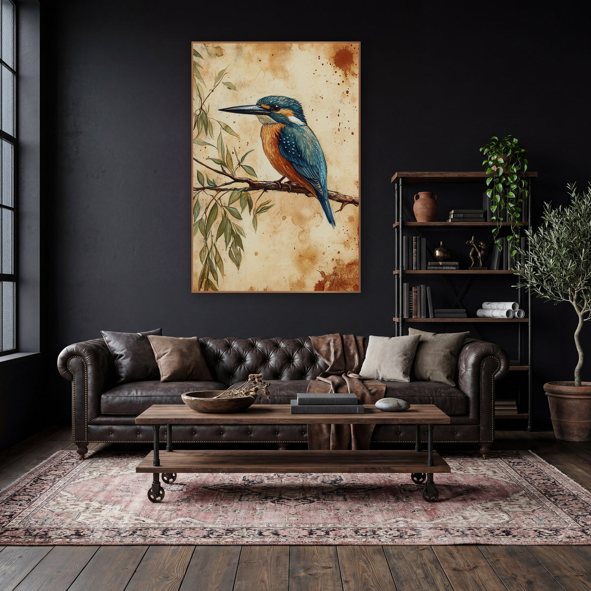 Teal Kingfisher Naturalist Study Botanical wall art in a moody dark academia room – teal and orange kingfisher perched