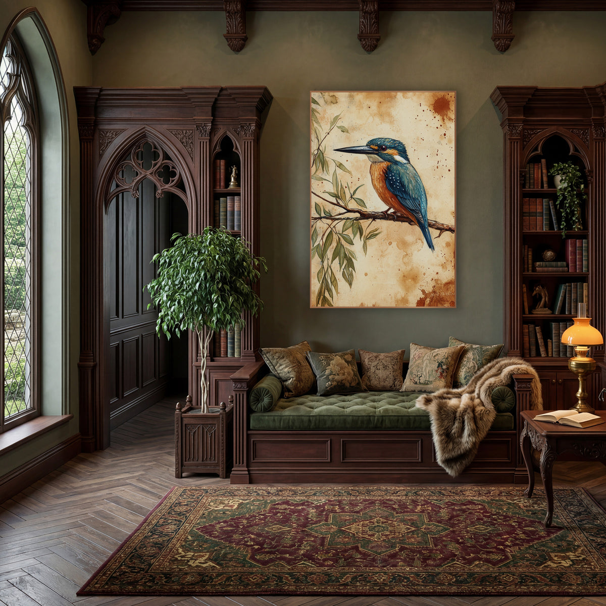 Teal Kingfisher Naturalist Study Botanical wall art in a moody dark academia room – teal and orange kingfisher perched