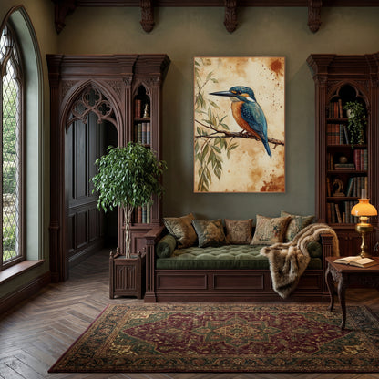 Teal Kingfisher Naturalist Study Botanical wall art in a moody dark academia room – teal and orange kingfisher perched