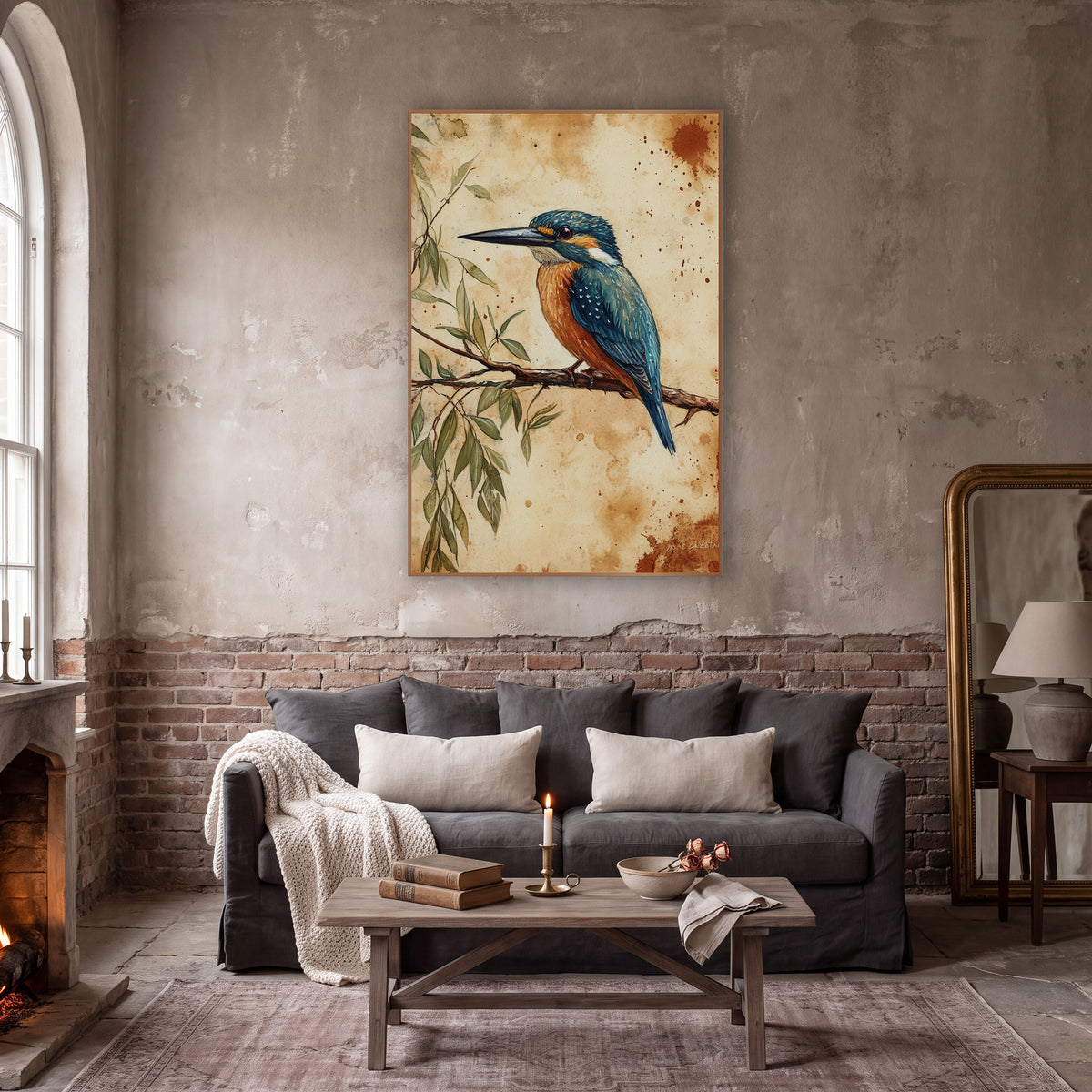 Teal Kingfisher Naturalist Study Botanical wall art in a moody dark academia room – teal and orange kingfisher perched
