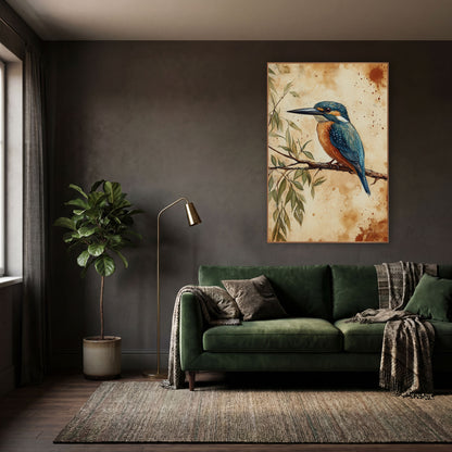 Teal Kingfisher Naturalist Study Botanical wall art in a moody dark academia room – teal and orange kingfisher perched