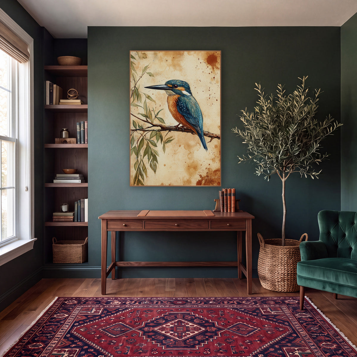 Teal Kingfisher Naturalist Study Botanical wall art in a moody dark academia room – teal and orange kingfisher perched