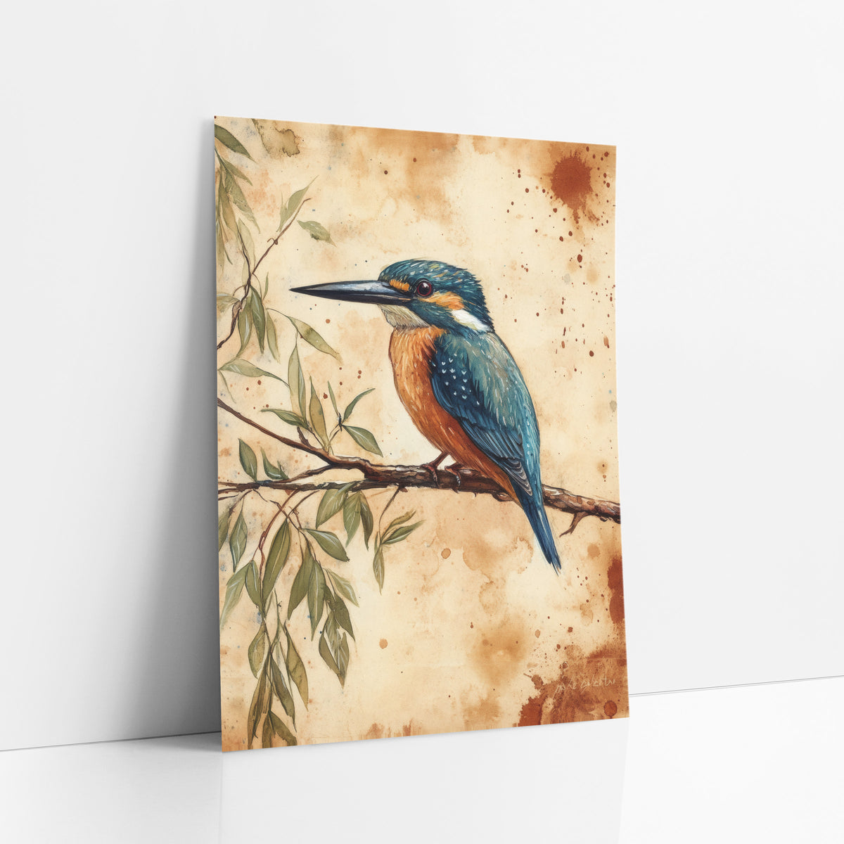 Teal Kingfisher Naturalist Study Botanical art print leaning against a white wall – teal and orange kingfisher perched