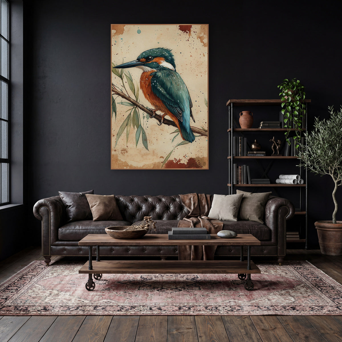 Teal Kingfisher Willow Branch Naturalist wall art in a moody dark academia room – teal and orange kingfisher perched
