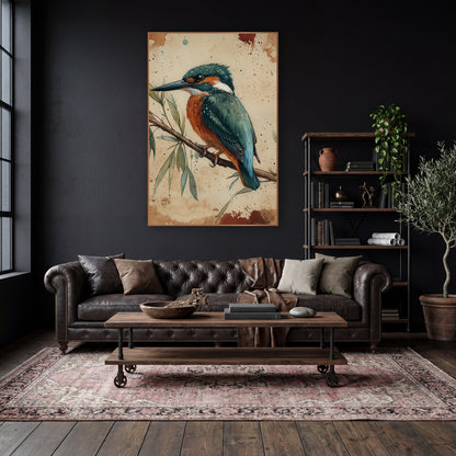 Teal Kingfisher Willow Branch Naturalist wall art in a moody dark academia room – teal and orange kingfisher perched