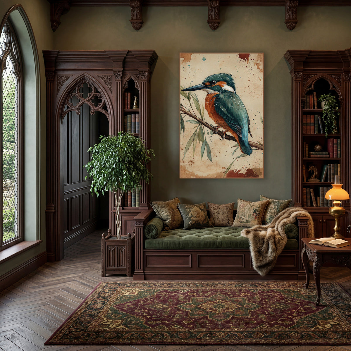 Teal Kingfisher Willow Branch Naturalist wall art in a moody dark academia room – teal and orange kingfisher perched