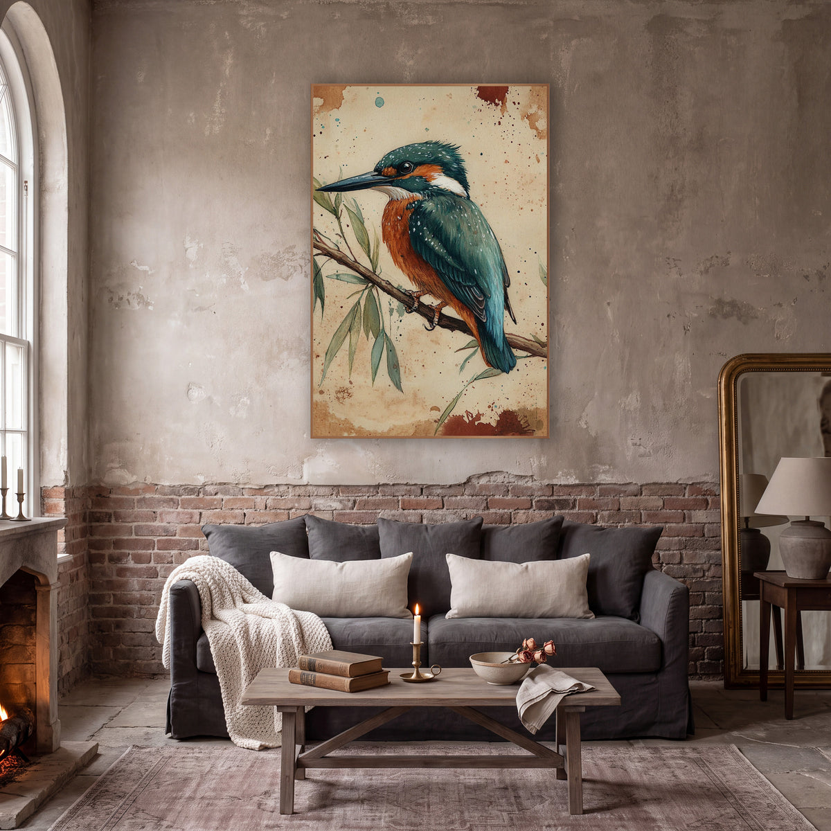 Teal Kingfisher Willow Branch Naturalist wall art in a moody dark academia room – teal and orange kingfisher perched