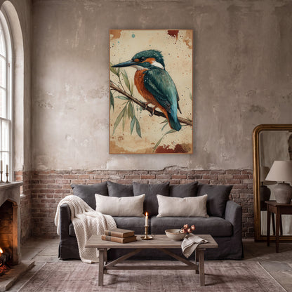 Teal Kingfisher Willow Branch Naturalist wall art in a moody dark academia room – teal and orange kingfisher perched
