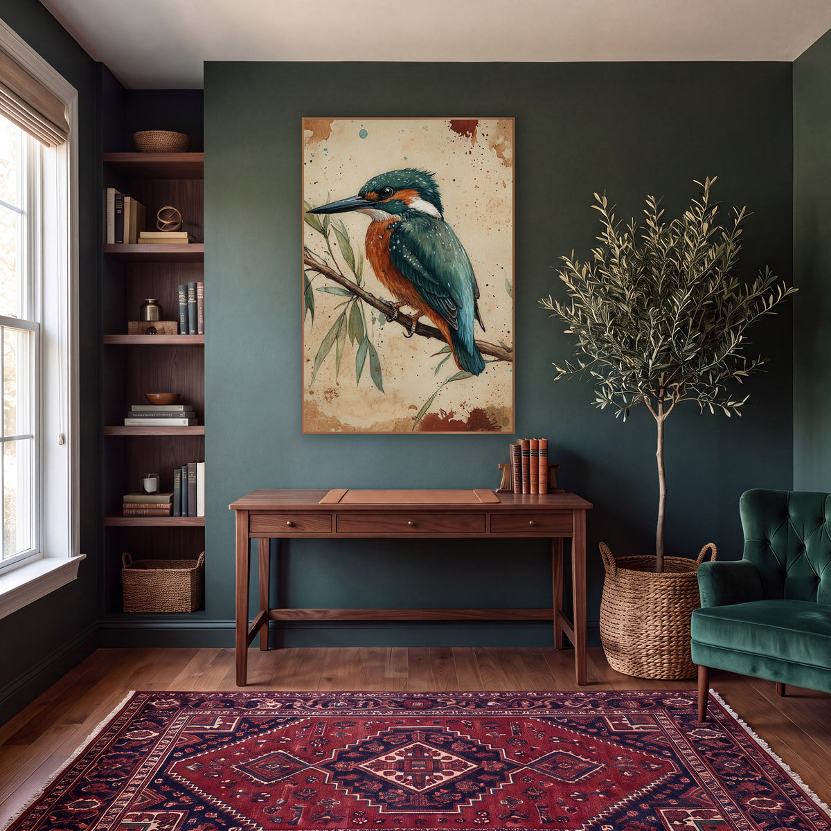 Teal Kingfisher Willow Branch Naturalist wall art in a moody dark academia room – teal and orange kingfisher perched