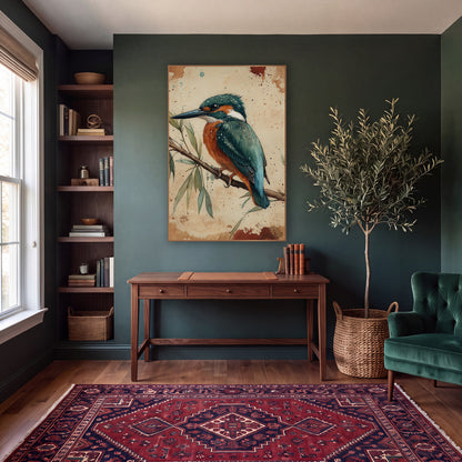 Teal Kingfisher Willow Branch Naturalist wall art in a moody dark academia room – teal and orange kingfisher perched