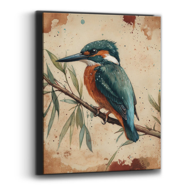 Teal Kingfisher Willow Branch Naturalist Canvas Wall Art
