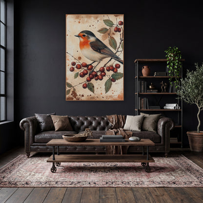 Robin and Red Berries Naturalist Study wall art in a moody dark academia room – robin with orange breast perched