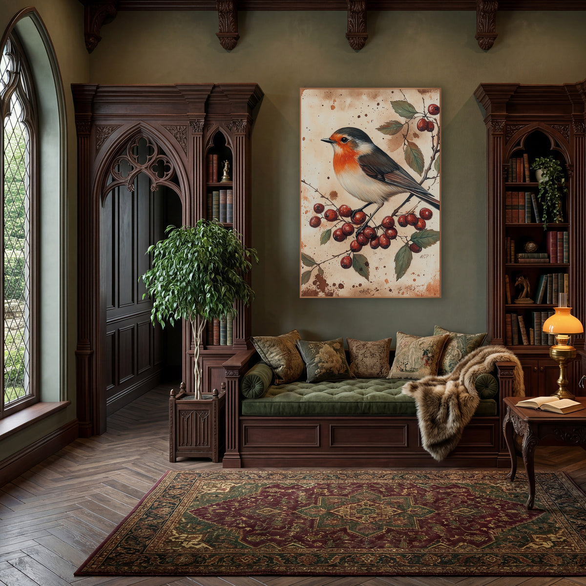 Robin and Red Berries Naturalist Study wall art in a moody dark academia room – robin with orange breast perched