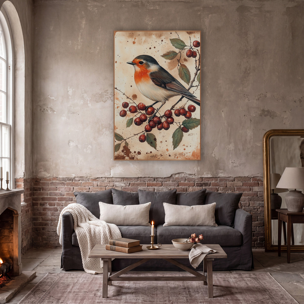Robin and Red Berries Naturalist Study wall art in a moody dark academia room – robin with orange breast perched