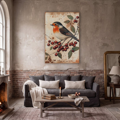 Robin and Red Berries Naturalist Study wall art in a moody dark academia room – robin with orange breast perched