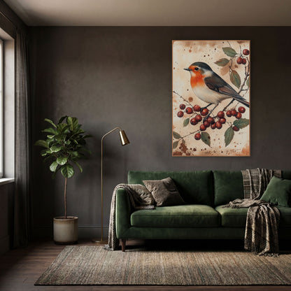 Robin and Red Berries Naturalist Study wall art in a moody dark academia room – robin with orange breast perched
