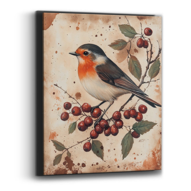 Robin and Red Berries Naturalist Study Canvas Wall Art